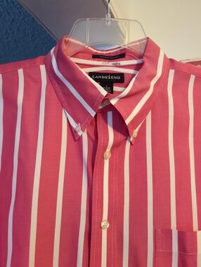 Lands' End Button Down Shirt Mens Large Bold PINK & WHITE Stripes 100% Cotton